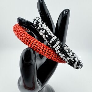 Vintage Hand-Beaded Bangle Bracelet Set 2 Orange & Black White Boho Bold